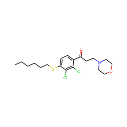 CCCCCCSc1ccc(C(=O)CCN2CCOCC2)c(Cl)c1Cl ZINC000043076422