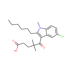 CCCCCCc1c(C(=O)C(C)(C)CCC(=O)O)c2cc(Cl)ccc2n1C ZINC001772596709