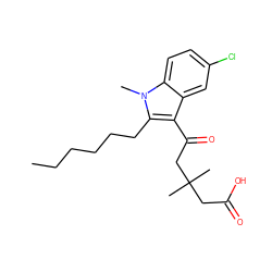 CCCCCCc1c(C(=O)CC(C)(C)CC(=O)O)c2cc(Cl)ccc2n1C ZINC001772619718