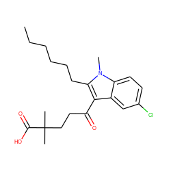 CCCCCCc1c(C(=O)CCC(C)(C)C(=O)O)c2cc(Cl)ccc2n1C ZINC001772605573