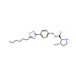 CCCCCCc1nc(-c2ccc(CNC(=O)[C@H]3NCC[C@@H]3O)cc2)no1 ZINC000058599181