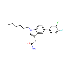 CCCCCCn1cc(CC(N)=O)c2cc(-c3ccc(F)c(Cl)c3)ccc21 ZINC000028888336