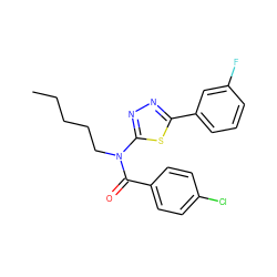 CCCCCN(C(=O)c1ccc(Cl)cc1)c1nnc(-c2cccc(F)c2)s1 ZINC000084632592