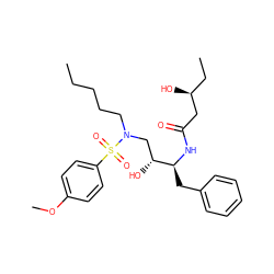 CCCCCN(C[C@@H](O)[C@H](Cc1ccccc1)NC(=O)C[C@@H](O)CC)S(=O)(=O)c1ccc(OC)cc1 ZINC000040916258