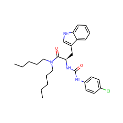 CCCCCN(CCCCC)C(=O)[C@@H](Cc1c[nH]c2ccccc12)NC(=O)Nc1ccc(Cl)cc1 ZINC000013447059