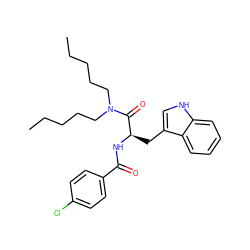 CCCCCN(CCCCC)C(=O)[C@@H](Cc1c[nH]c2ccccc12)NC(=O)c1ccc(Cl)cc1 ZINC000013446995