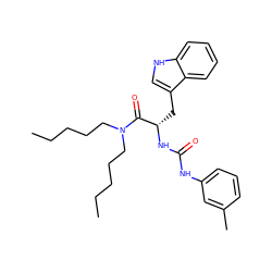 CCCCCN(CCCCC)C(=O)[C@H](Cc1c[nH]c2ccccc12)NC(=O)Nc1cccc(C)c1 ZINC000013447074