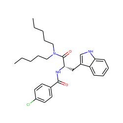 CCCCCN(CCCCC)C(=O)[C@H](Cc1c[nH]c2ccccc12)NC(=O)c1ccc(Cl)cc1 ZINC000013446998