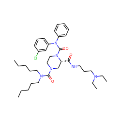 CCCCCN(CCCCC)C(=O)N1CCN(C(=O)N(c2ccccc2)c2cccc(Cl)c2)[C@H](C(=O)NCCCN(CC)CC)C1 ZINC000027656335