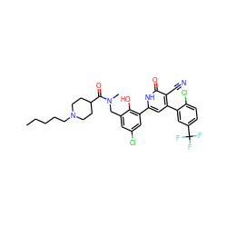 CCCCCN1CCC(C(=O)N(C)Cc2cc(Cl)cc(-c3cc(-c4cc(C(F)(F)F)ccc4Cl)c(C#N)c(=O)[nH]3)c2O)CC1 ZINC000028821594