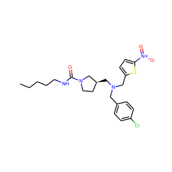 CCCCCNC(=O)N1CC[C@H](CN(Cc2ccc(Cl)cc2)Cc2ccc([N+](=O)[O-])s2)C1 ZINC000073242649