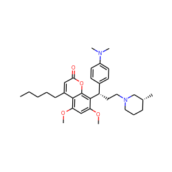 CCCCCc1cc(=O)oc2c([C@@H](CCN3CCC[C@@H](C)C3)c3ccc(N(C)C)cc3)c(OC)cc(OC)c12 ZINC000013661192