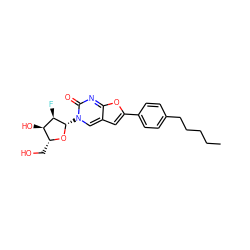 CCCCCc1ccc(-c2cc3cn([C@@H]4O[C@H](CO)[C@@H](O)[C@H]4F)c(=O)nc3o2)cc1 ZINC000045253424