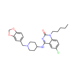 CCCCCn1c(=O)nc(NC2CCN(Cc3ccc4c(c3)OCO4)CC2)c2cc(Cl)ccc21 ZINC000036126654