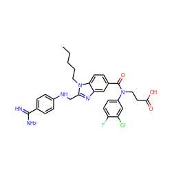 CCCCCn1c(CNc2ccc(C(=N)N)cc2)nc2cc(C(=O)N(CCC(=O)O)c3ccc(F)c(Cl)c3)ccc21 ZINC000653794148