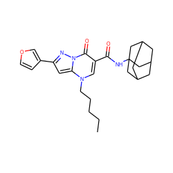 CCCCCn1cc(C(=O)NC23CC4CC(CC(C4)C2)C3)c(=O)n2nc(-c3ccoc3)cc12 ZINC000096908214