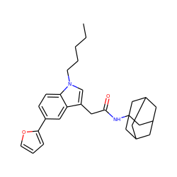 CCCCCn1cc(CC(=O)NC23CC4CC(CC(C4)C2)C3)c2cc(-c3ccco3)ccc21 ZINC000084740412