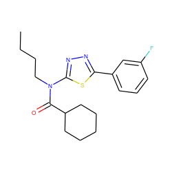 CCCCN(C(=O)C1CCCCC1)c1nnc(-c2cccc(F)c2)s1 ZINC000084614872