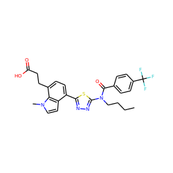 CCCCN(C(=O)c1ccc(C(F)(F)F)cc1)c1nnc(-c2ccc(CCC(=O)O)c3c2ccn3C)s1 ZINC000084597017