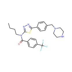 CCCCN(C(=O)c1ccc(C(F)(F)F)cc1)c1nnc(-c2ccc(CN3CCNCC3)cc2)s1 ZINC000084604735