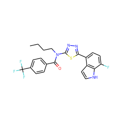 CCCCN(C(=O)c1ccc(C(F)(F)F)cc1)c1nnc(-c2ccc(F)c3[nH]ccc23)s1 ZINC000084618736