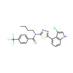 CCCCN(C(=O)c1ccc(C(F)(F)F)cc1)c1nnc(-c2cccc3[nH]cc(Cl)c23)s1 ZINC000084632103