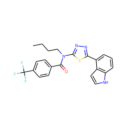 CCCCN(C(=O)c1ccc(C(F)(F)F)cc1)c1nnc(-c2cccc3[nH]ccc23)s1 ZINC000084604745