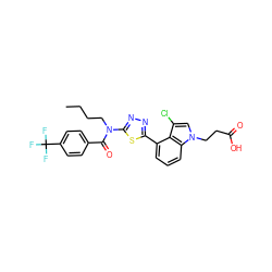 CCCCN(C(=O)c1ccc(C(F)(F)F)cc1)c1nnc(-c2cccc3c2c(Cl)cn3CCC(=O)O)s1 ZINC000084597018