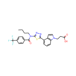 CCCCN(C(=O)c1ccc(C(F)(F)F)cc1)c1nnc(-c2cccc3c2ccn3CCC(=O)O)s1 ZINC000084597016