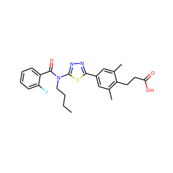 CCCCN(C(=O)c1ccccc1F)c1nnc(-c2cc(C)c(CCC(=O)O)c(C)c2)s1 ZINC000095558608