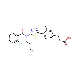 CCCCN(C(=O)c1ccccc1F)c1nnc(-c2ccc(CCC(=O)O)cc2C)s1 ZINC000095558243