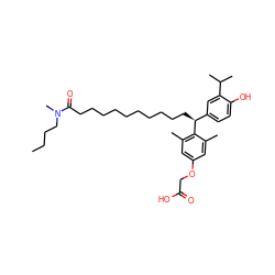 CCCCN(C)C(=O)CCCCCCCCCC[C@@H](c1ccc(O)c(C(C)C)c1)c1c(C)cc(OCC(=O)O)cc1C ZINC000026729764