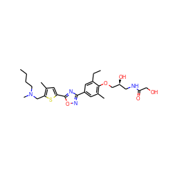 CCCCN(C)Cc1sc(-c2nc(-c3cc(C)c(OC[C@@H](O)CNC(=O)CO)c(CC)c3)no2)cc1C ZINC000114775088