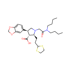 CCCCN(CCCC)C(=O)CN1C[C@H](c2ccc3c(c2)OCO3)[C@@H](C(=O)O)[C@@H]1CCC1SCCS1 ZINC000013780900