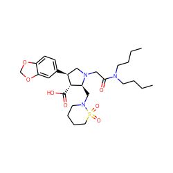 CCCCN(CCCC)C(=O)CN1C[C@H](c2ccc3c(c2)OCO3)[C@@H](C(=O)O)[C@@H]1CN1CCCCS1(=O)=O ZINC000026978967