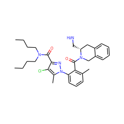 CCCCN(CCCC)C(=O)c1nn(-c2cccc(C)c2C(=O)N2Cc3ccccc3C[C@H]2CN)c(C)c1Cl ZINC000044359888