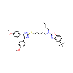 CCCCN(CCCCCSc1nc(-c2ccc(OC)cc2)c(-c2ccc(OC)cc2)[nH]1)c1nc2cc(C(C)(C)C)ccc2o1 ZINC000029481654