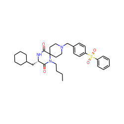 CCCCN1C(=O)[C@H](CC2CCCCC2)NC(=O)C12CCN(Cc1ccc(S(=O)(=O)c3ccccc3)cc1)CC2 ZINC000053229708