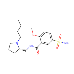 CCCCN1CCC[C@H]1CNC(=O)c1cc(S(N)(=O)=O)ccc1OC ZINC000013860948