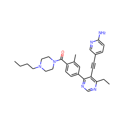 CCCCN1CCN(C(=O)c2ccc(-c3ncnc(CC)c3C#Cc3ccc(N)nc3)cc2C)CC1 ZINC000148755635