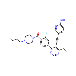 CCCCN1CCN(C(=O)c2ccc(-c3ncnc(CC)c3C#Cc3ccc(N)nc3)cc2F)CC1 ZINC000148274877