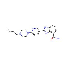 CCCCN1CCN(c2ccc(-c3nc4c(C(N)=O)cccc4[nH]3)cn2)CC1 ZINC000011686942