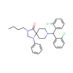 CCCCN1CN(c2ccccc2)C2(CCN(C(c3ccccc3Cl)c3ccccc3Cl)CC2)C1=O ZINC000040913403