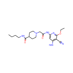 CCCCNC(=O)C1CCN(CC(=O)Nc2cc(N)c(C#N)c(OCC)n2)CC1 ZINC000014960125