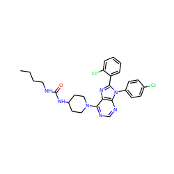 CCCCNC(=O)NC1CCN(c2ncnc3c2nc(-c2ccccc2Cl)n3-c2ccc(Cl)cc2)CC1 ZINC000095577638