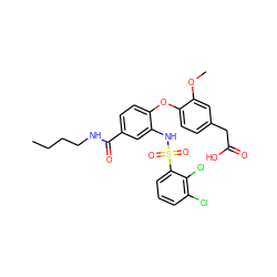 CCCCNC(=O)c1ccc(Oc2ccc(CC(=O)O)cc2OC)c(NS(=O)(=O)c2cccc(Cl)c2Cl)c1 ZINC000073292589