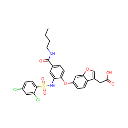 CCCCNC(=O)c1ccc(Oc2ccc3c(CC(=O)O)coc3c2)c(NS(=O)(=O)c2ccc(Cl)cc2Cl)c1 ZINC000073199154