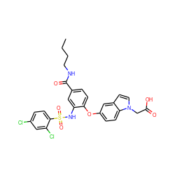 CCCCNC(=O)c1ccc(Oc2ccc3c(ccn3CC(=O)O)c2)c(NS(=O)(=O)c2ccc(Cl)cc2Cl)c1 ZINC000082155093