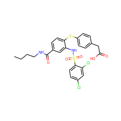 CCCCNC(=O)c1ccc(Sc2ccc(CC(=O)O)cc2)c(NS(=O)(=O)c2ccc(Cl)cc2Cl)c1 ZINC000082154668