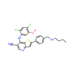 CCCCNCc1ccc(-c2cc3ncc(C#N)c(Nc4cc(OC)c(Cl)cc4Cl)c3s2)cc1 ZINC000013644815